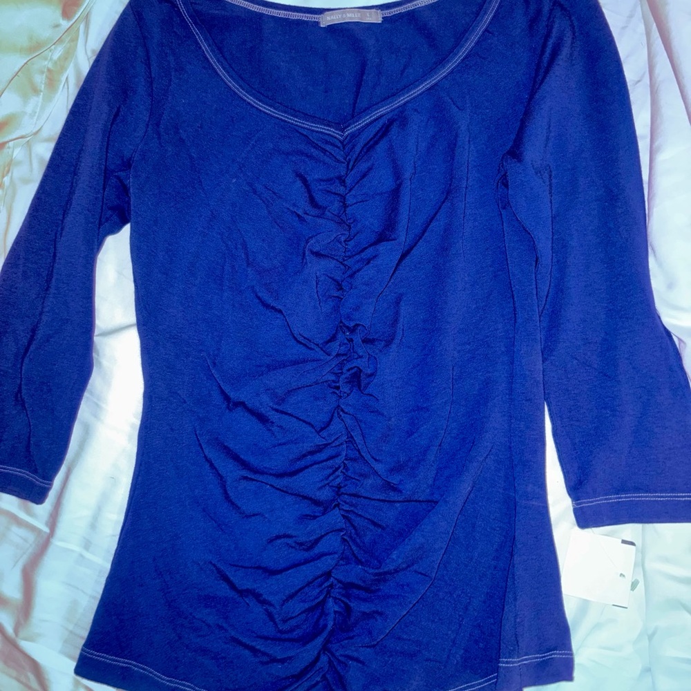 Nally & Millie Navy Ruched Front Long Sleeve Tee